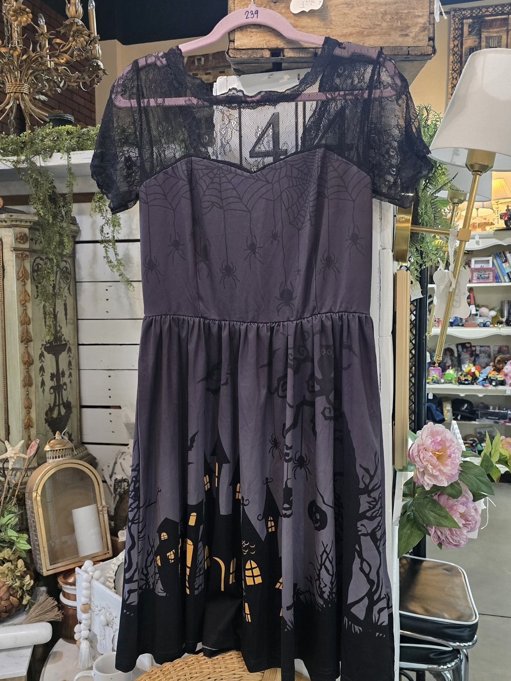 Halloween Spider Web & Haunted House Fit-and-Flare Dress. Retro Stage L/XL